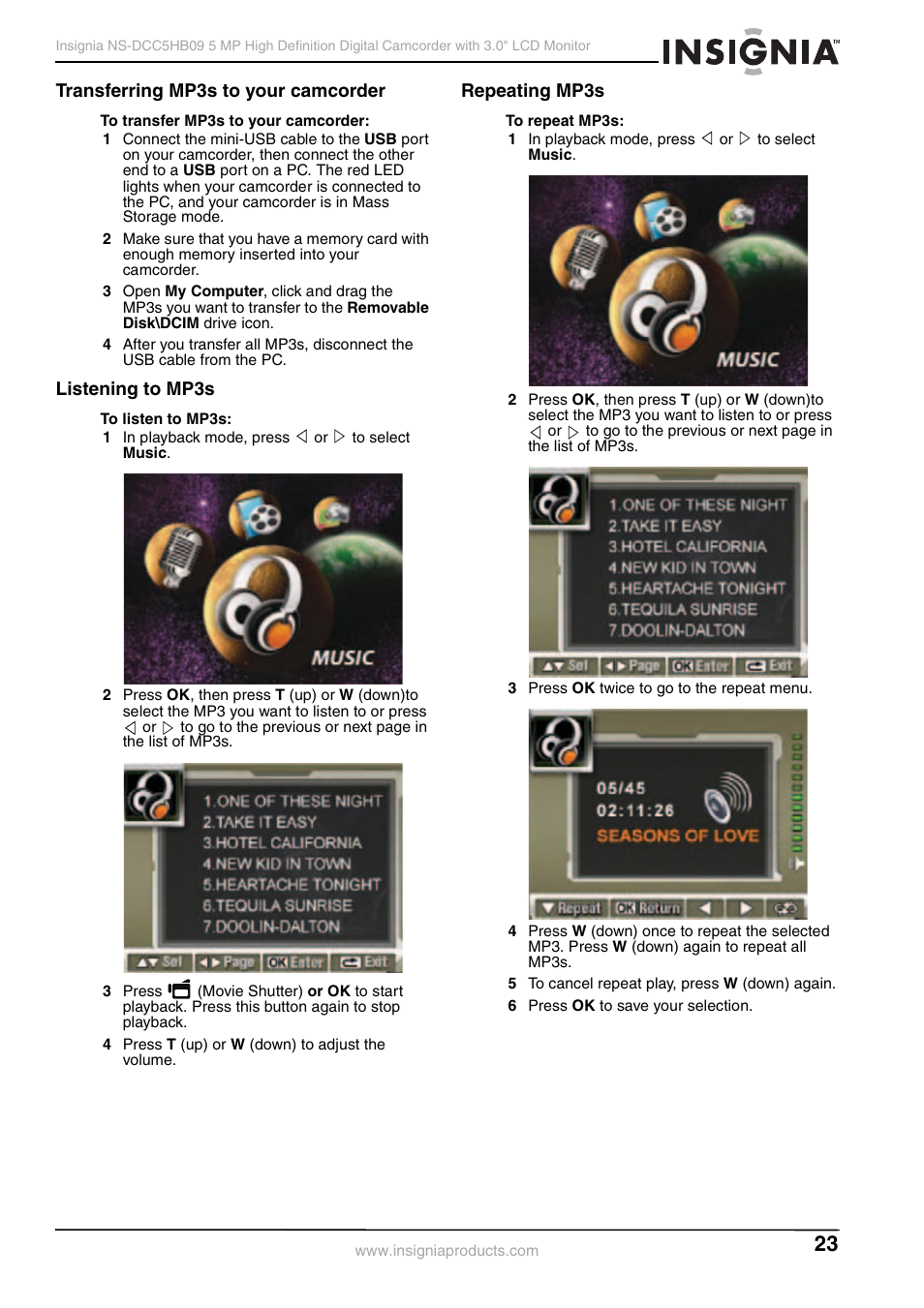 Transferring mp3s to your camcorder, Listening to mp3s, Repeating mp3s | Insignia NS-DCC5HB09 User Manual | Page 25 / 34