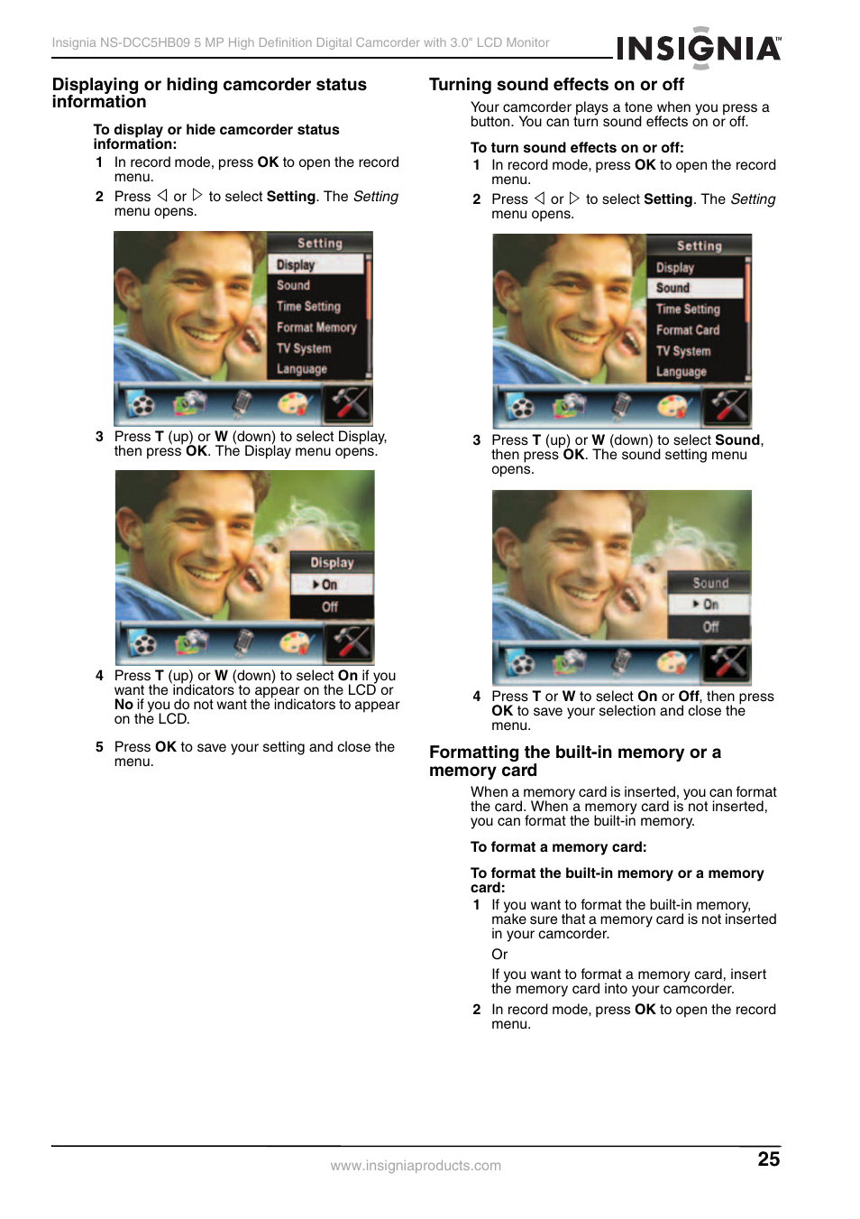 Displaying or hiding camcorder status information, Turning sound effects on or off, Formatting the built-in memory or a memory card | Insignia NS-DCC5HB09 User Manual | Page 27 / 34