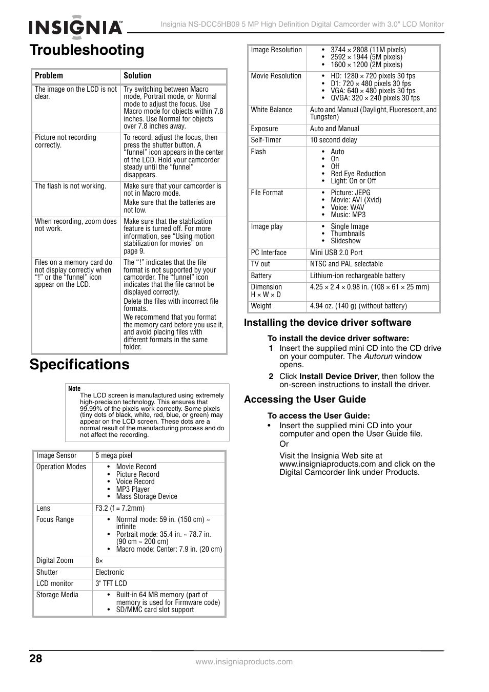 Troubleshooting, Specifications, Installing the device driver software | Accessing the user guide, Troubleshooting specifications | Insignia NS-DCC5HB09 User Manual | Page 30 / 34