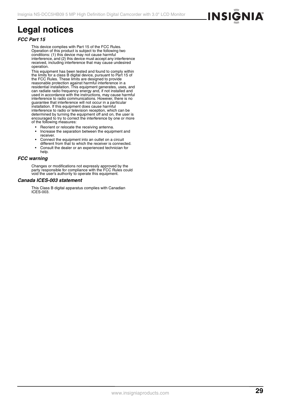 Legal notices | Insignia NS-DCC5HB09 User Manual | Page 31 / 34