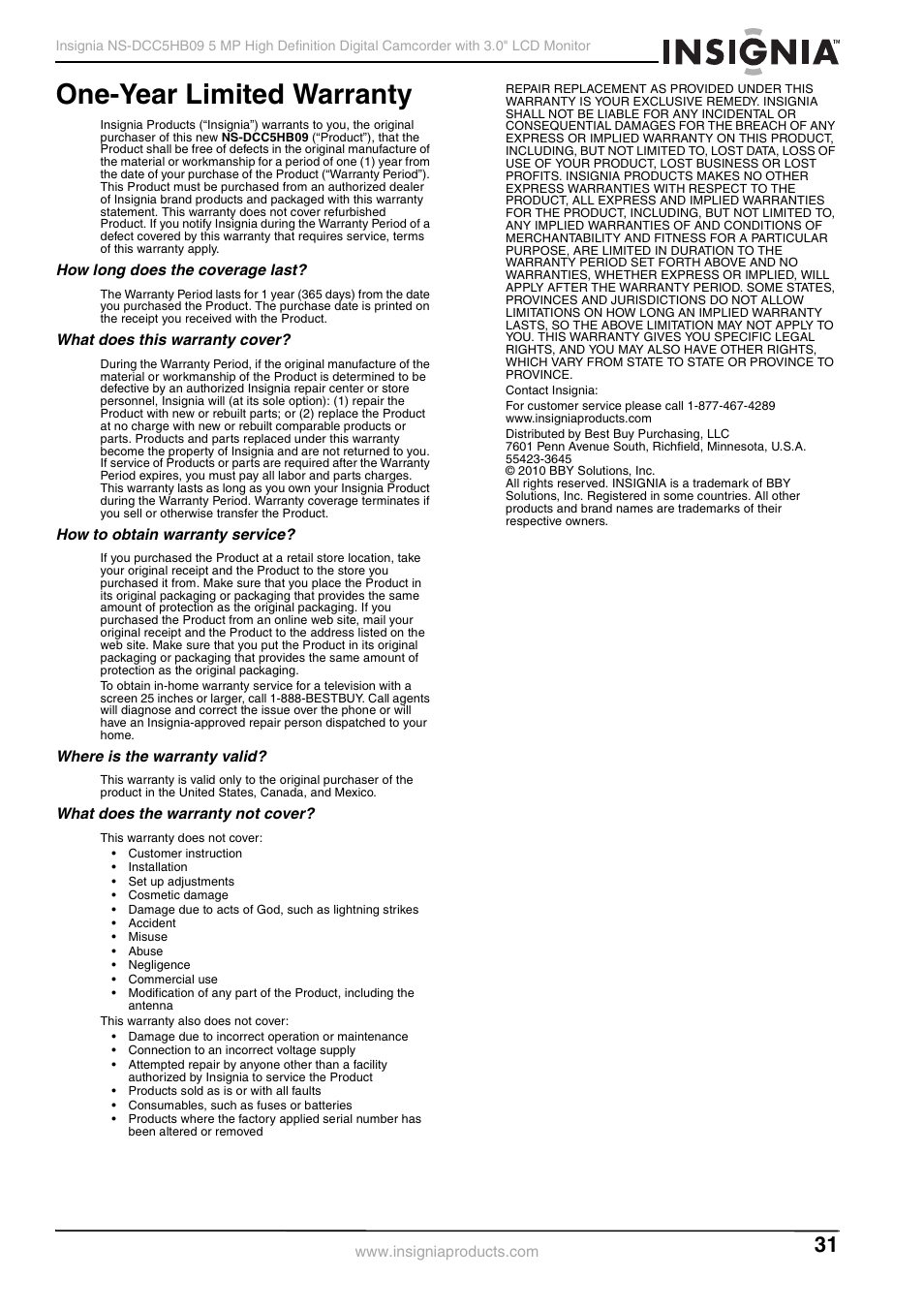 One-year limited warranty | Insignia NS-DCC5HB09 User Manual | Page 33 / 34