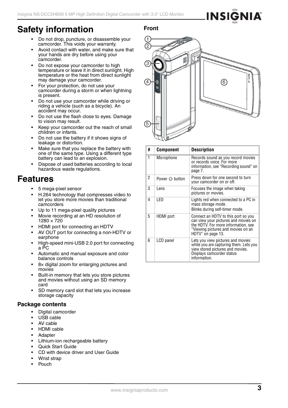 Safety information, Features, Package contents | Front, Safety information features, Package contents front | Insignia NS-DCC5HB09 User Manual | Page 5 / 34
