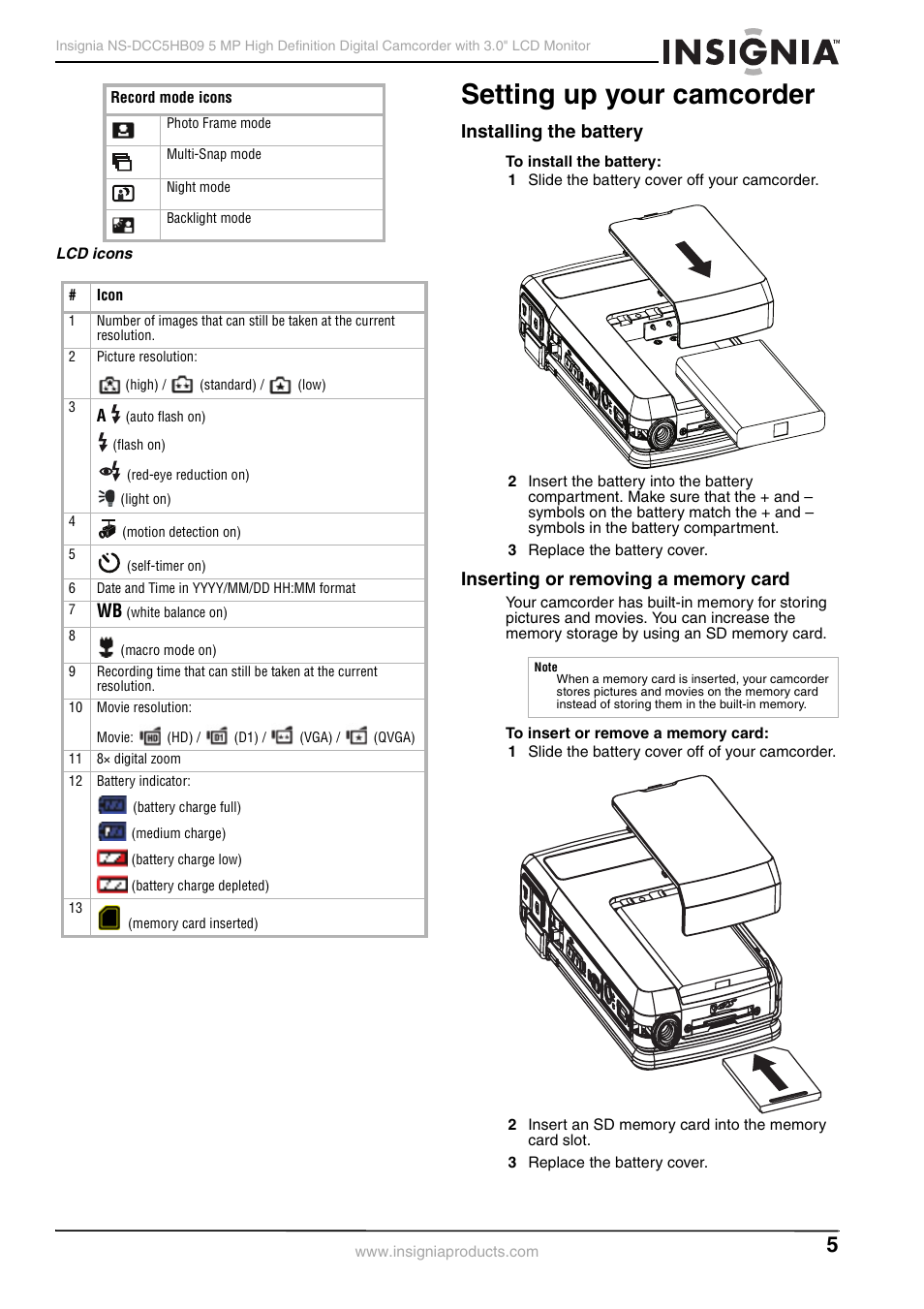 Setting up your camcorder, Installing the battery, Inserting or removing a memory card | Ee “installing the battery, 5 or “inserting or removing a memory card, Ge 5 | Insignia NS-DCC5HB09 User Manual | Page 7 / 34