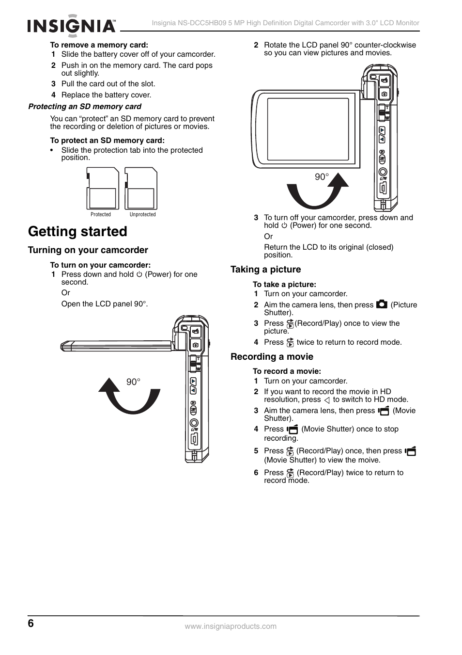 Getting started, Turning on your camcorder, Taking a picture | Recording a movie, Taking a picture” o | Insignia NS-DCC5HB09 User Manual | Page 8 / 34