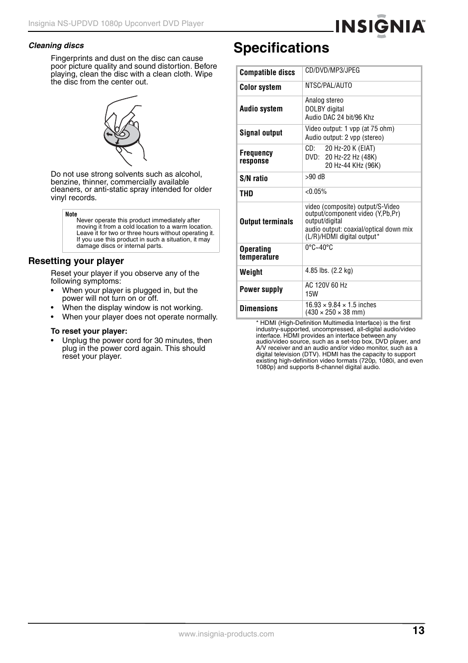 Cleaning discs, Resetting your player, Specifications | Insignia NS-UPDVD User Manual | Page 13 / 52