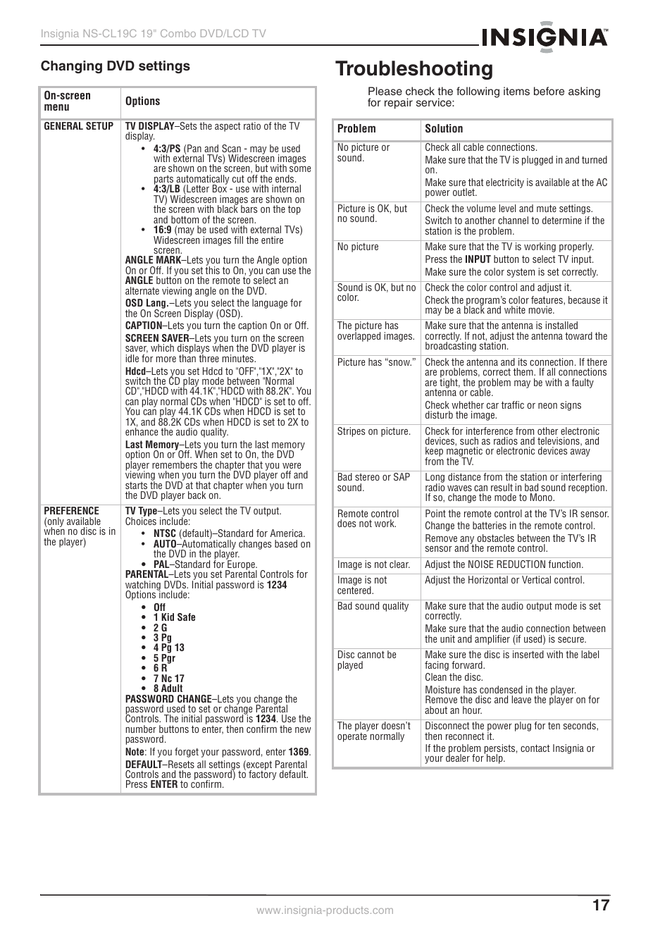Troubleshooting, Changing dvd settings | Insignia NS-CL19C User Manual | Page 16 / 20