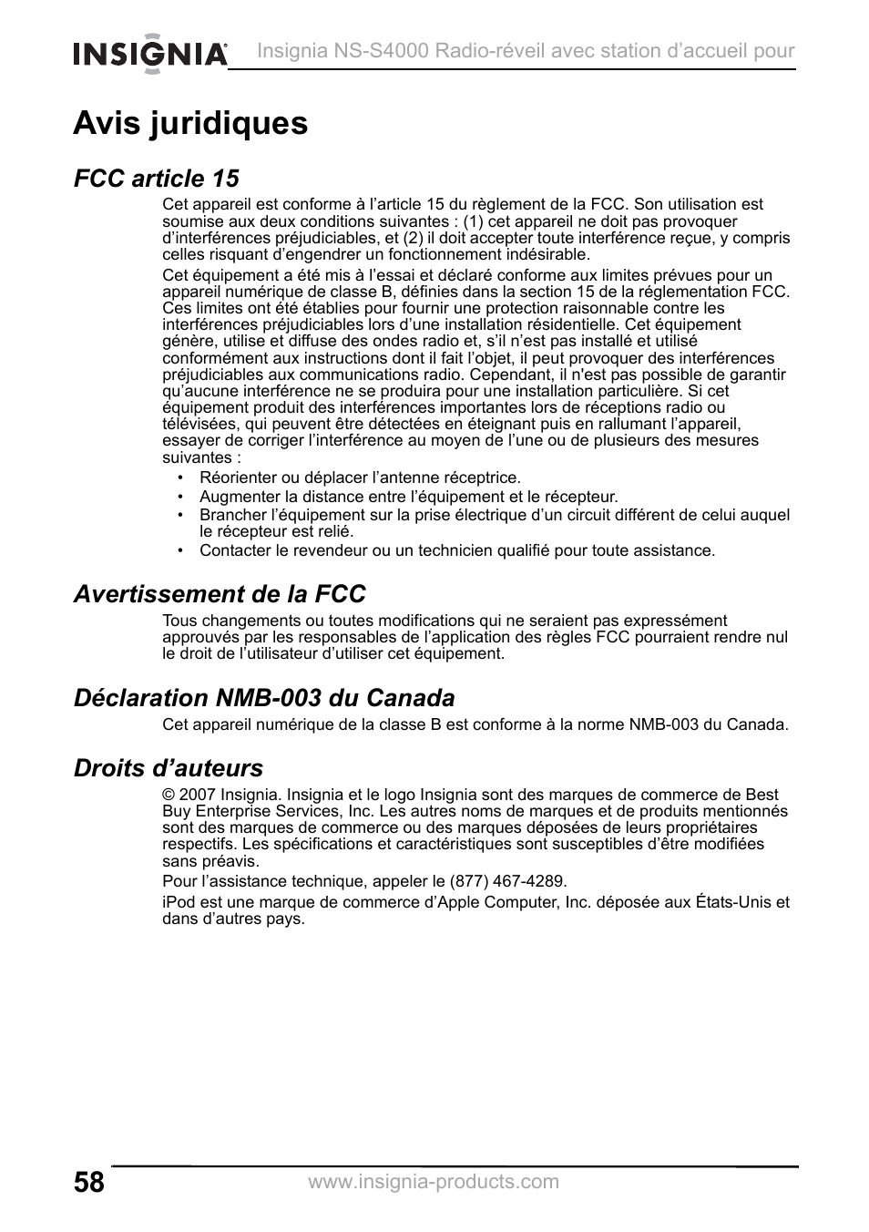 Avis juridiques, Fcc article 15, Avertissement de la fcc | Déclaration nmb-003 du canada, Droits d’auteurs | Insignia NS-S4000 User Manual | Page 58 / 94