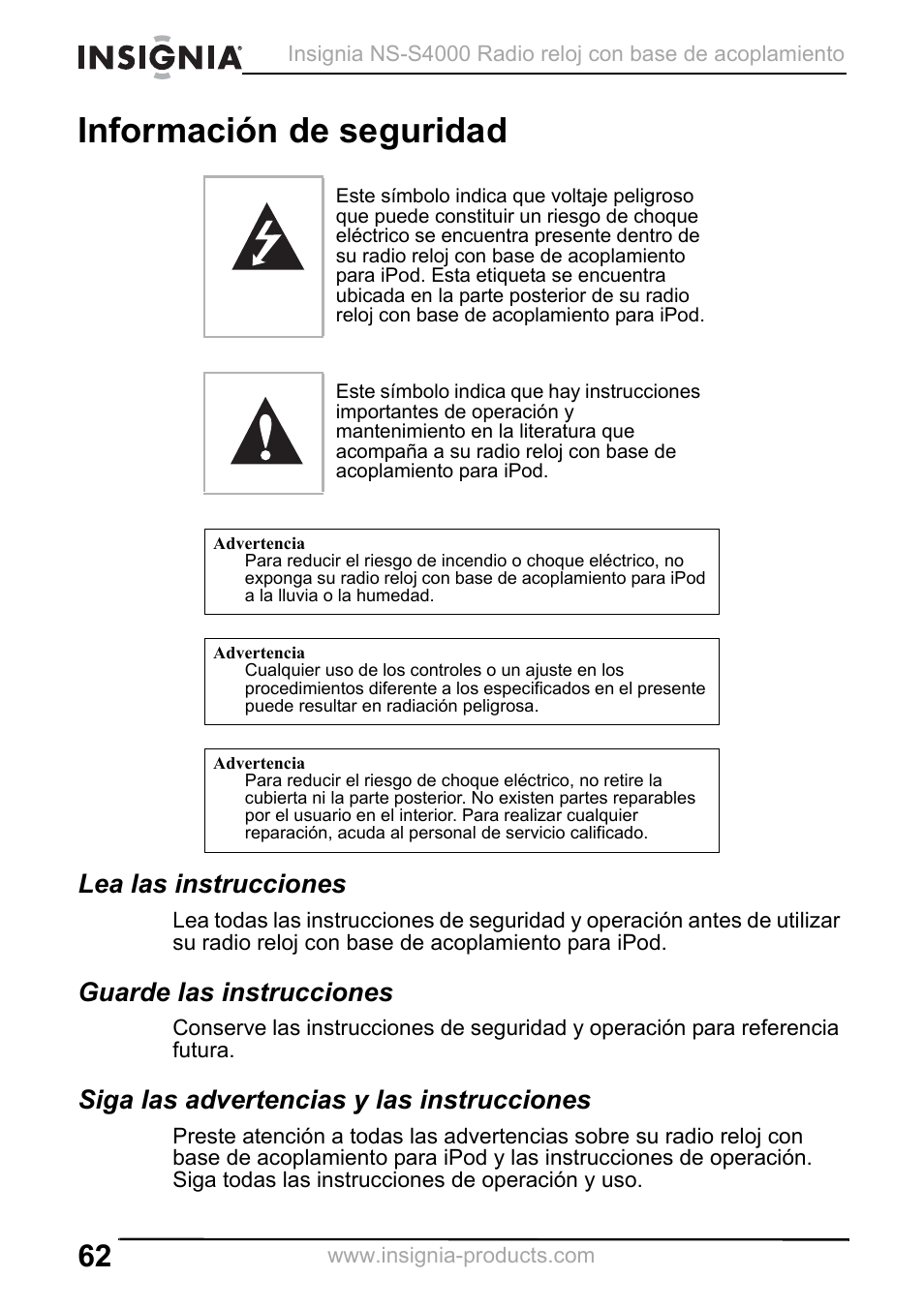Información de seguridad, Lea las instrucciones, Guarde las instrucciones | Siga las advertencias y las instrucciones | Insignia NS-S4000 User Manual | Page 62 / 94
