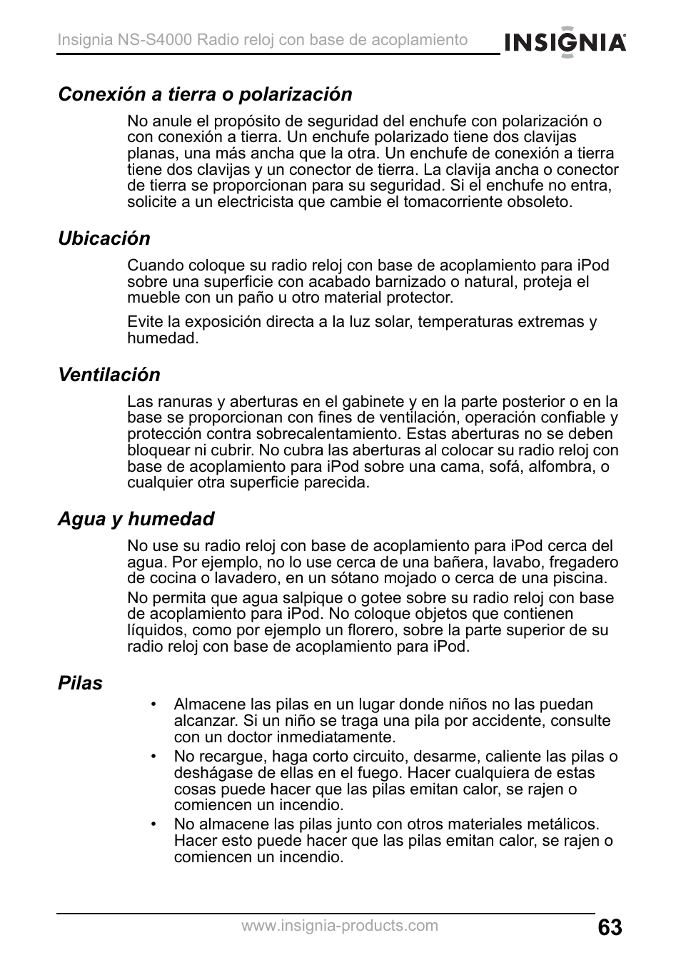 Conexión a tierra o polarización, Ubicación, Ventilación | Agua y humedad, Pilas | Insignia NS-S4000 User Manual | Page 63 / 94
