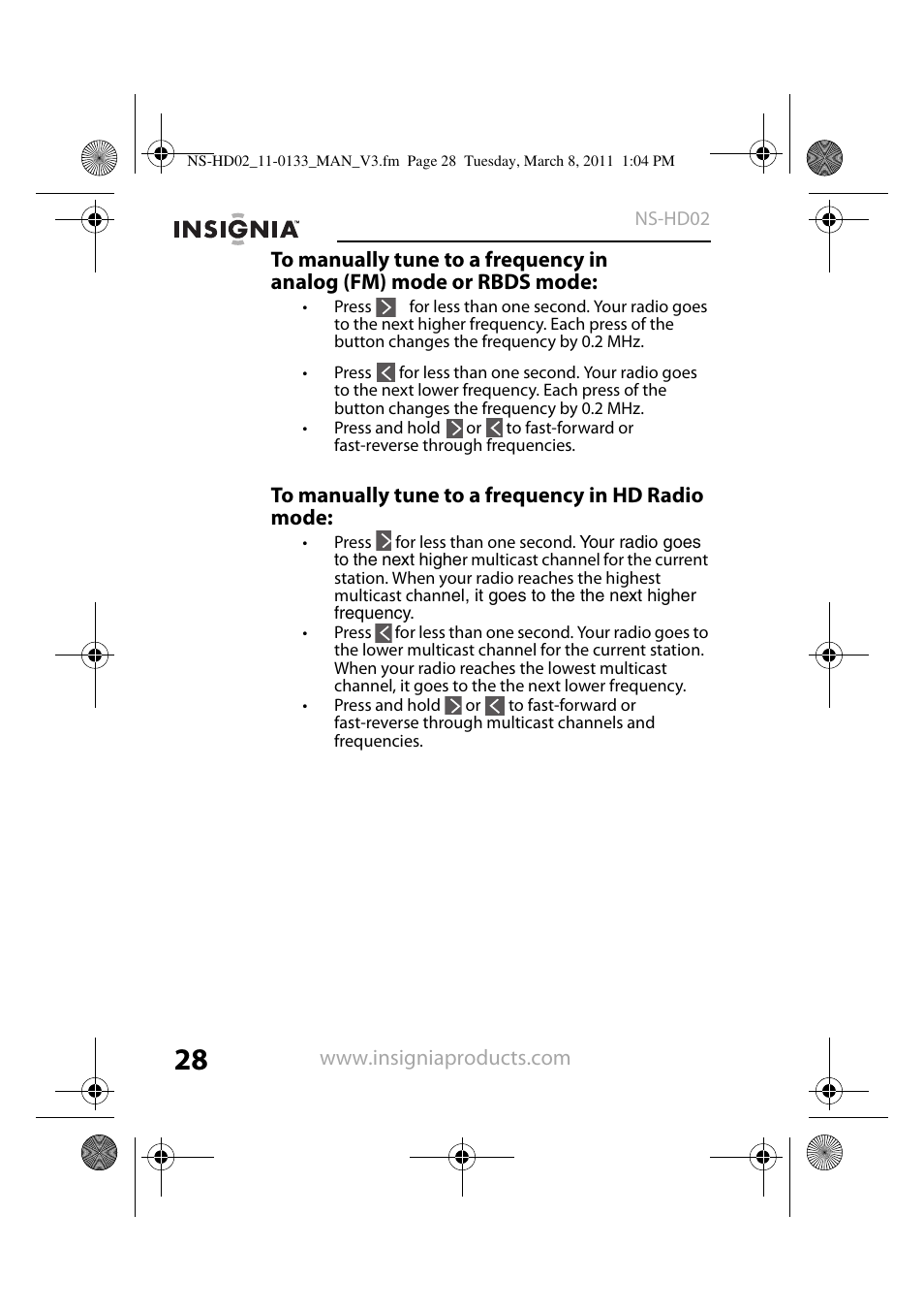 To manually tune to a frequency in hd radio mode | Insignia NS-HD02 User Manual | Page 28 / 52