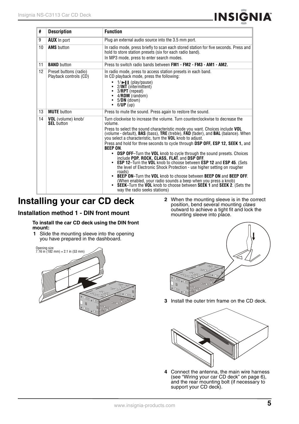 Installing your car cd deck, Installation method 1 - din front mount | Insignia NS-C3113 User Manual | Page 5 / 12