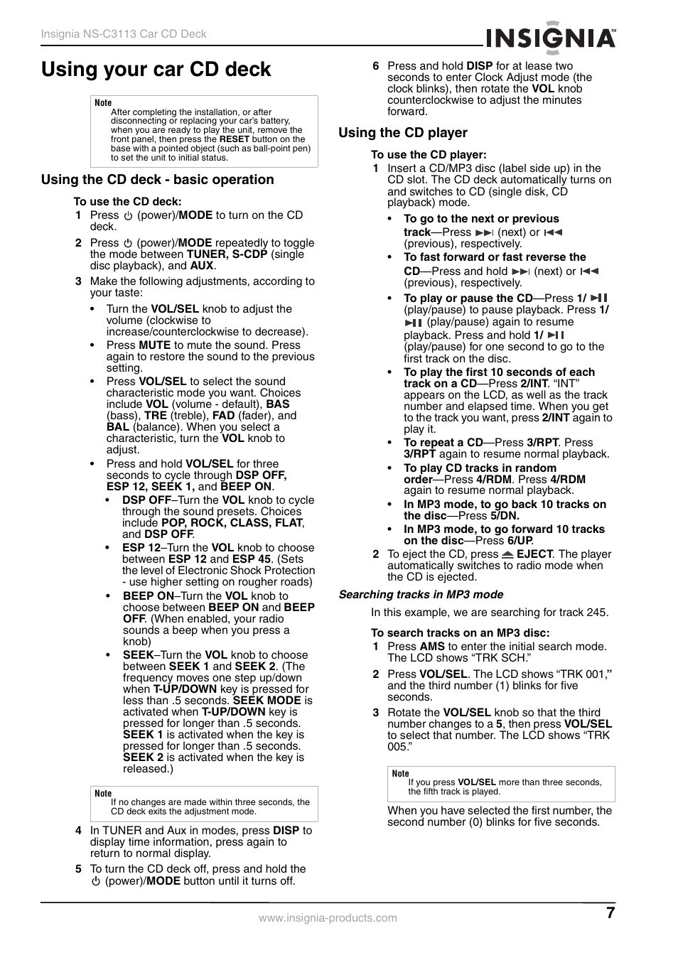 Using your car cd deck, Using the cd deck - basic operation, Using the cd player | Searching tracks in mp3 mode | Insignia NS-C3113 User Manual | Page 7 / 12