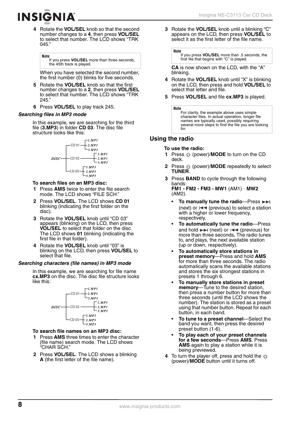 Searching files in mp3 mode, Searching characters (file names) in mp3 mode, Using the radio | Insignia NS-C3113 User Manual | Page 8 / 12