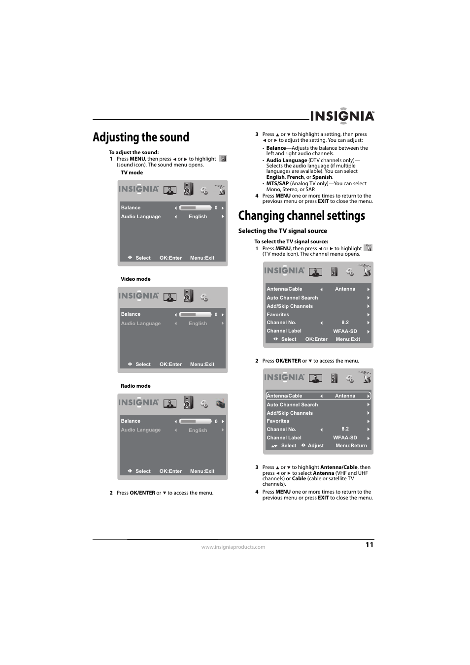 Adjusting the sound, Changing channel settings, Selecting the tv signal source | Insignia 10-0499 User Manual | Page 15 / 28