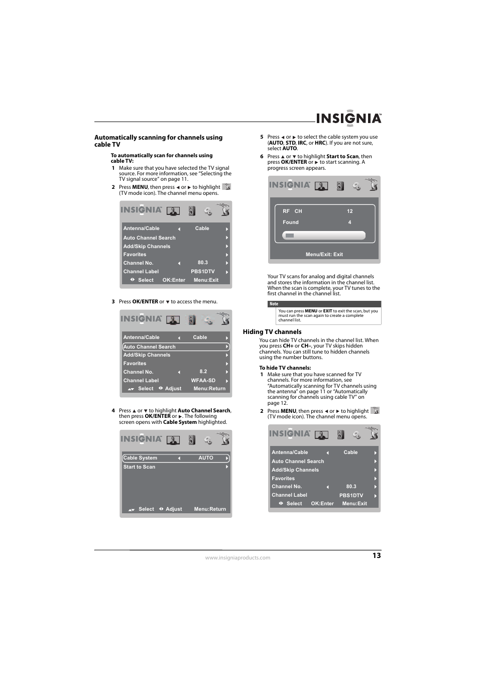 Automatically scanning for channels using cable tv, Hiding tv channels | Insignia 10-0499 User Manual | Page 17 / 28