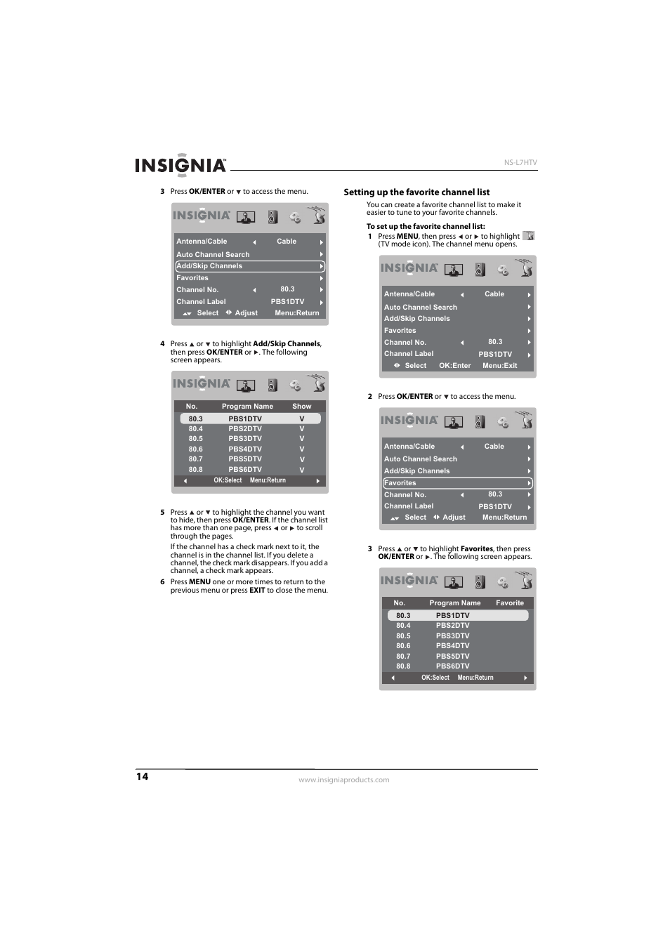 Setting up the favorite channel list, E “setting up the favorite channel list | Insignia 10-0499 User Manual | Page 18 / 28