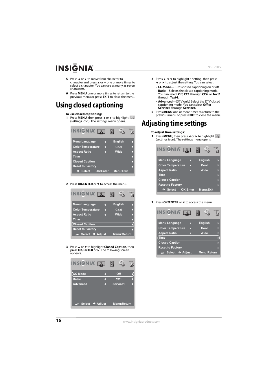 Using closed captioning, Adjusting time settings, E “using closed captioning” o | Insignia 10-0499 User Manual | Page 20 / 28