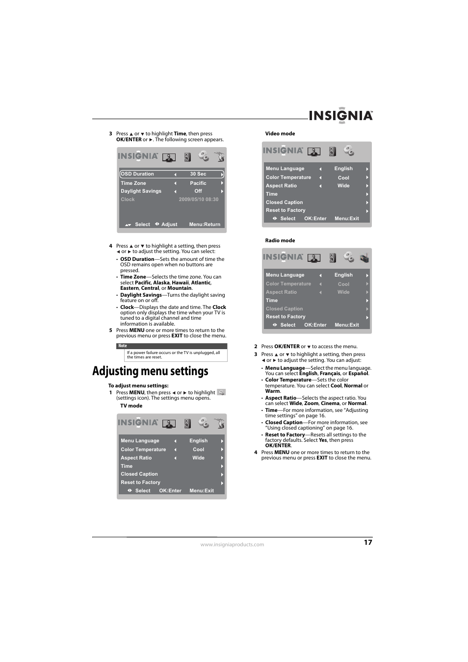 Adjusting menu settings | Insignia 10-0499 User Manual | Page 21 / 28