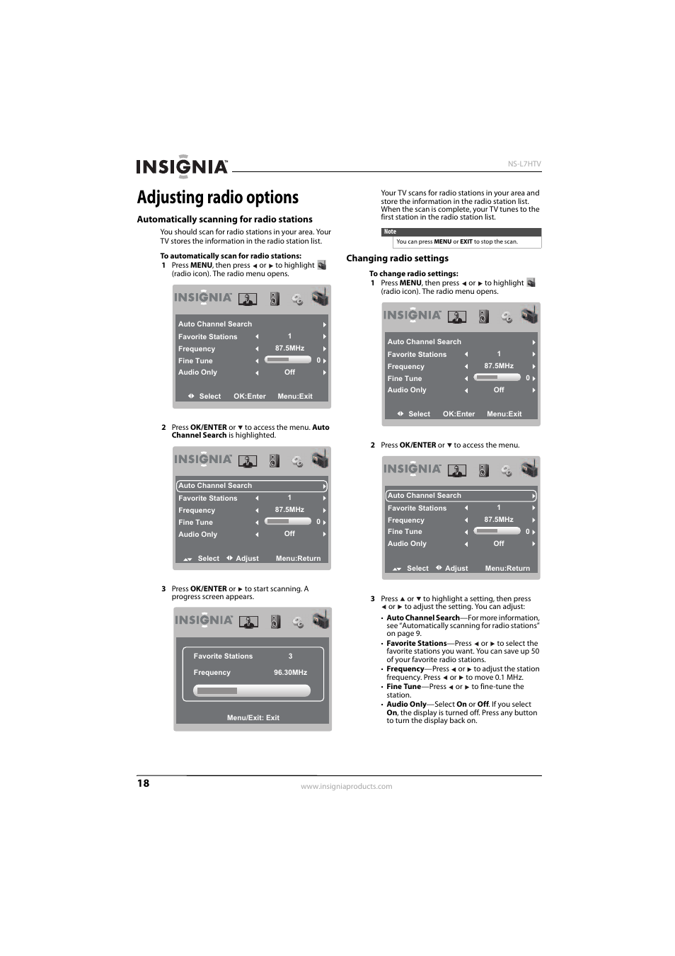 Adjusting radio options, Automatically scanning for radio stations, Changing radio settings | Insignia 10-0499 User Manual | Page 22 / 28