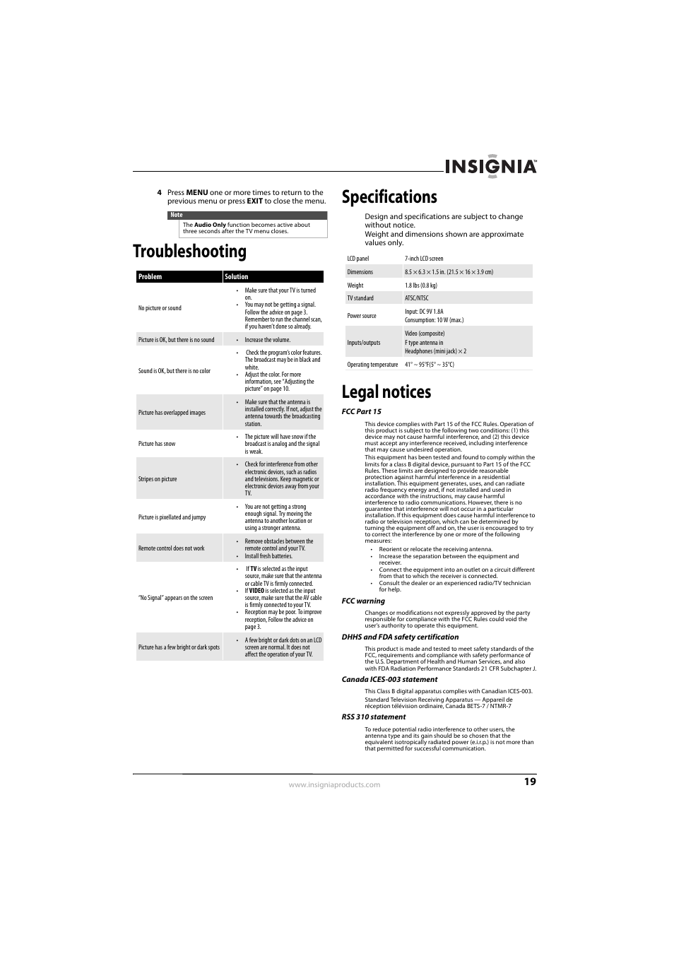 Troubleshooting, Specifications, Legal notices | Troubleshooting specifications | Insignia 10-0499 User Manual | Page 23 / 28