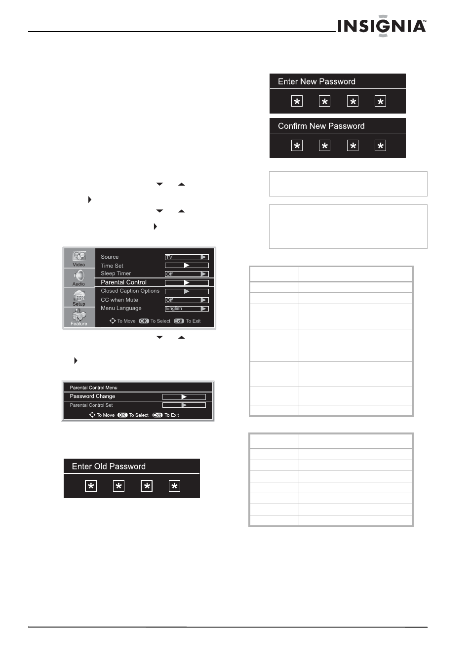 Configuration du contrôle parental, Pour configurer un mot de passe, Classification mpaa | Classification des directives parentales tv | Insignia NS-LCD32FS User Manual | Page 43 / 84