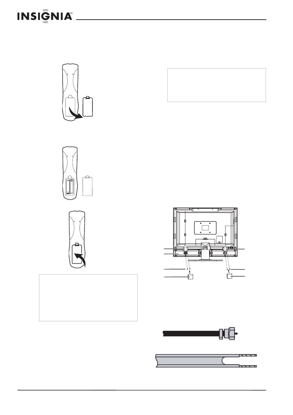 Preparación de su televisor, Instalación de las pilas del control remoto, Para instalar las pilas del control remoto | Conexión de su televisor a un tomacorriente, Instalación y conexión de los parlantes, Conexión de una antena exterior | Insignia NS-LCD32FS User Manual | Page 62 / 84