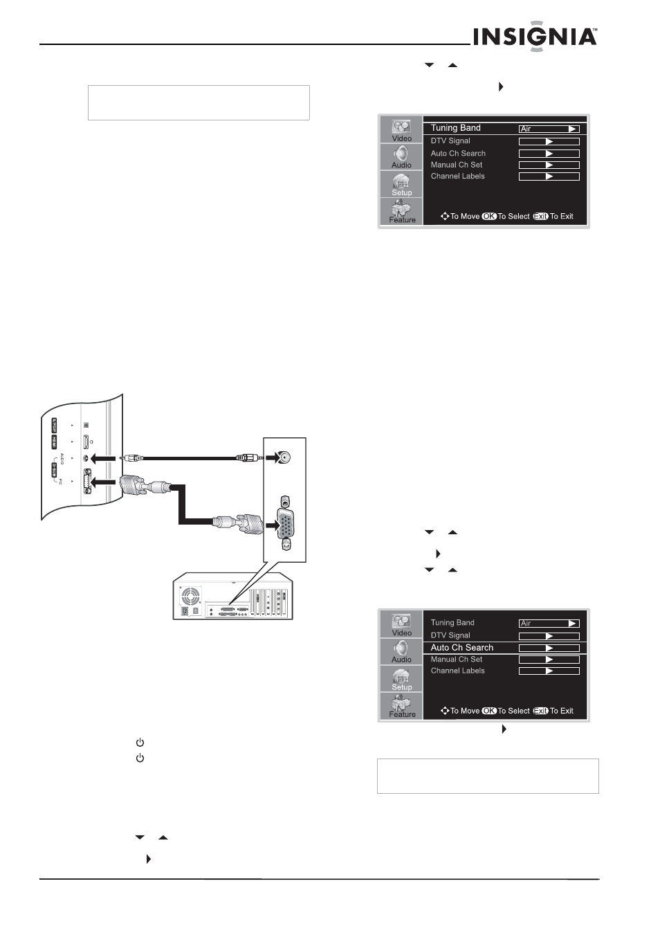 Conexión de una computadora, Para conectarse y ver video desde una computadora, Uso del televisor | Encendido y apagado de su televisor, Para encender y apagar su televisor, Selección de la fuente de la señal de tv, Para seleccionar la fuente de señal de tv, Configuración de la lista de canales, Configuración automática de canales | Insignia NS-LCD32FS User Manual | Page 67 / 84