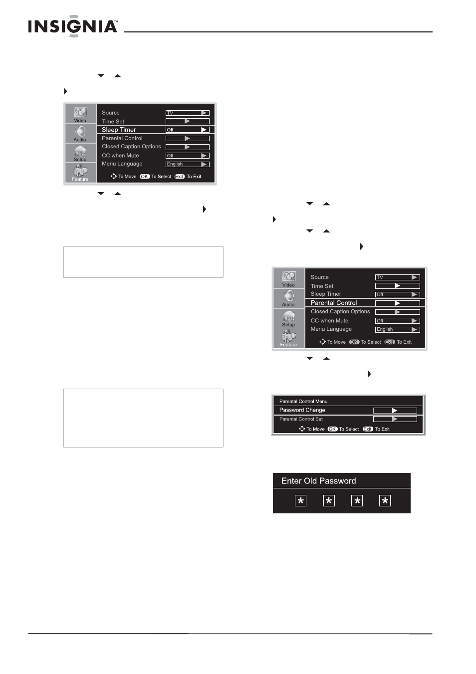 Para ajustar el temporizador de apagado automático, Visualización de subtítulos optativos, Para ver los subtítulos optativos | Configuración de los controles de los padres, Para establecer una contraseña, Visualización de subtítulos optativos” en | Insignia NS-LCD32FS User Manual | Page 70 / 84