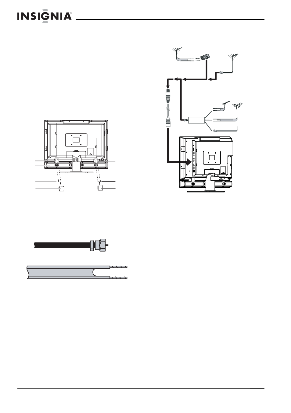 Attaching and connecting the speaker, To attach and connect the speaker to your tv, Connecting an outside antenna | Connecting cable tv | Insignia NS-LCD32FS User Manual | Page 8 / 84