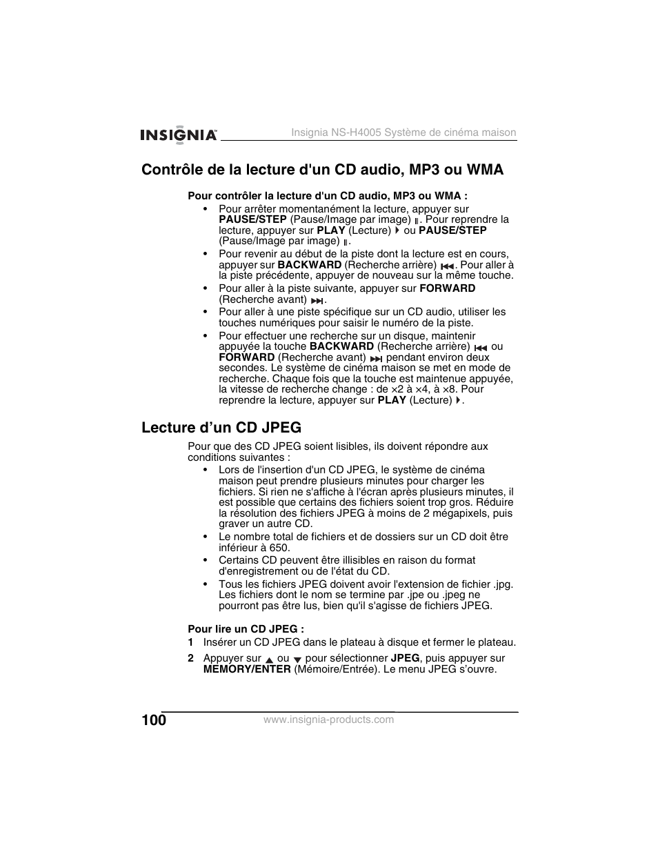 Contrôle de la lecture d'un cd audio, mp3 ou wma, Lecture d’un cd jpeg | Insignia NS-H4005 User Manual | Page 102 / 208