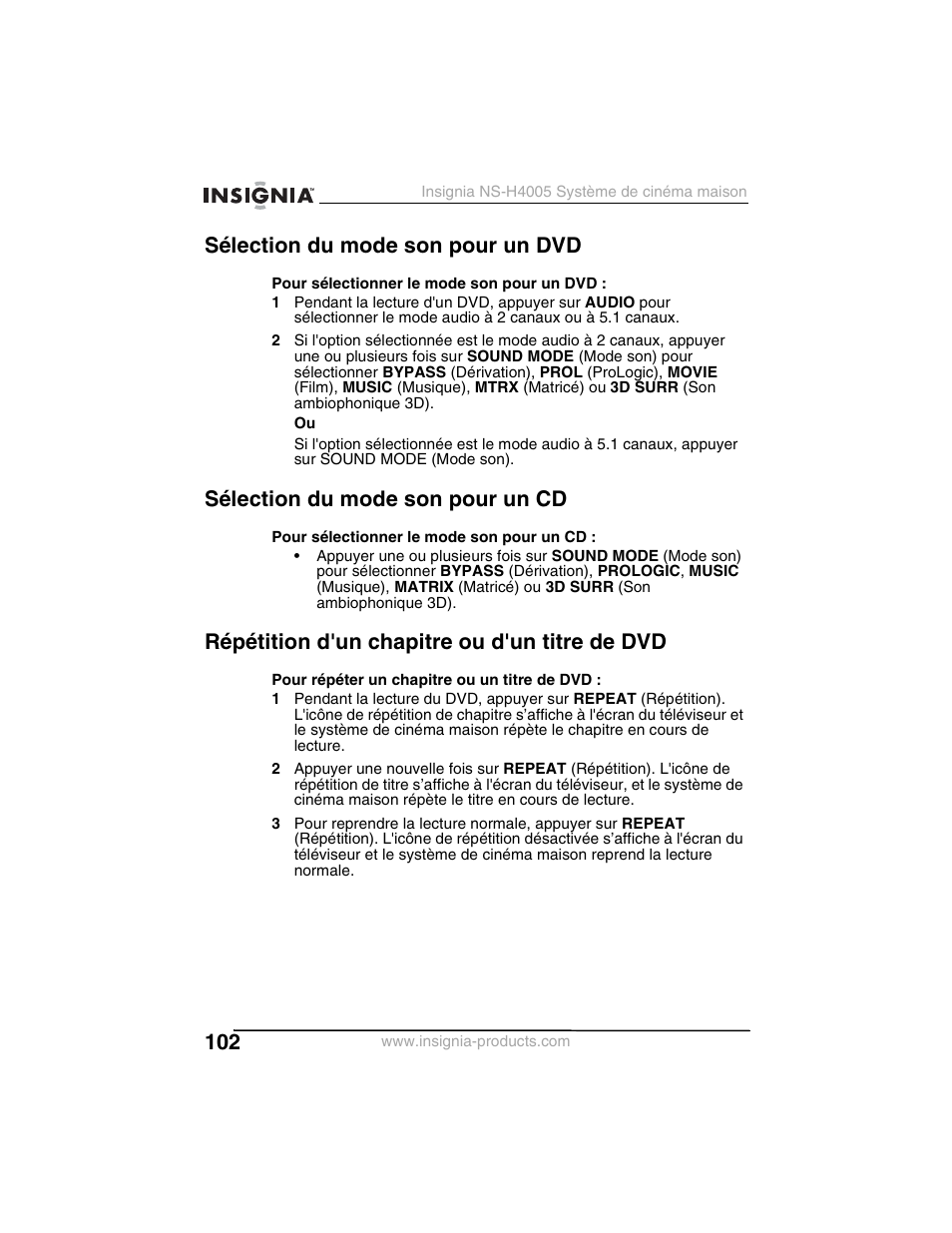 Sélection du mode son pour un dvd, Sélection du mode son pour un cd, Répétition d'un chapitre ou d'un titre de dvd | Insignia NS-H4005 User Manual | Page 104 / 208