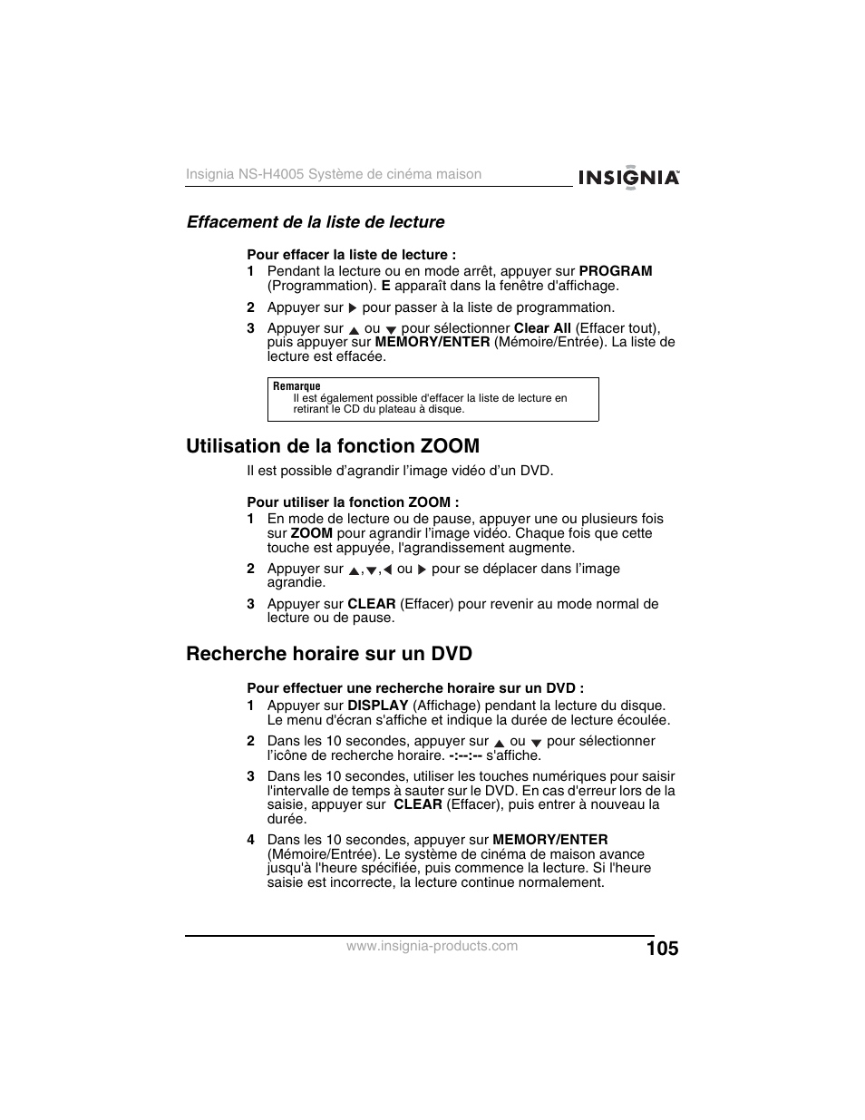 Utilisation de la fonction zoom, Recherche horaire sur un dvd, Effacement de la liste de lecture | Insignia NS-H4005 User Manual | Page 107 / 208