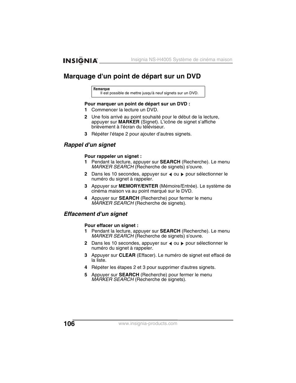 Marquage d'un point de départ sur un dvd, Rappel d'un signet, Effacement d'un signet | Insignia NS-H4005 User Manual | Page 108 / 208