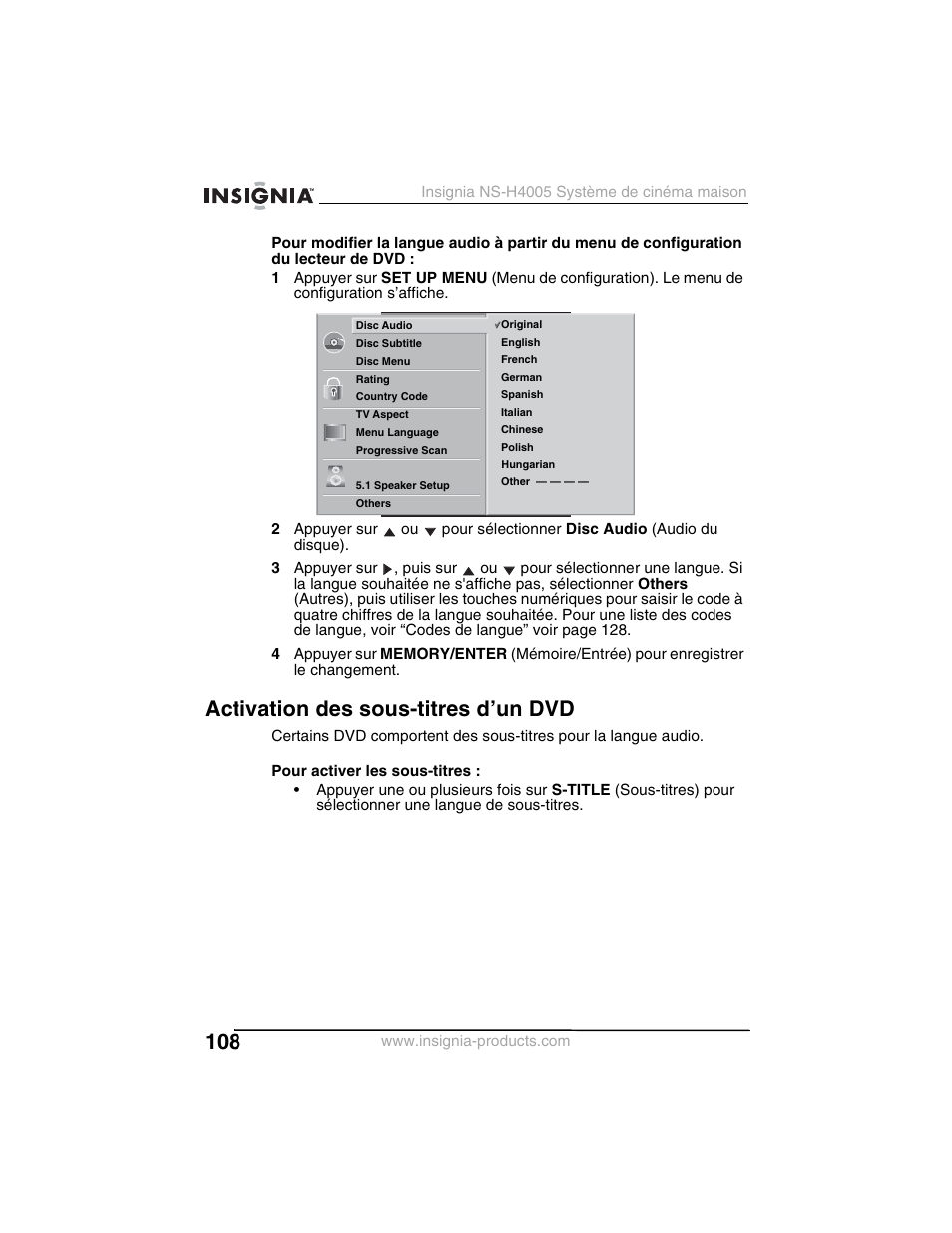 Activation des sous-titres d’un dvd | Insignia NS-H4005 User Manual | Page 110 / 208