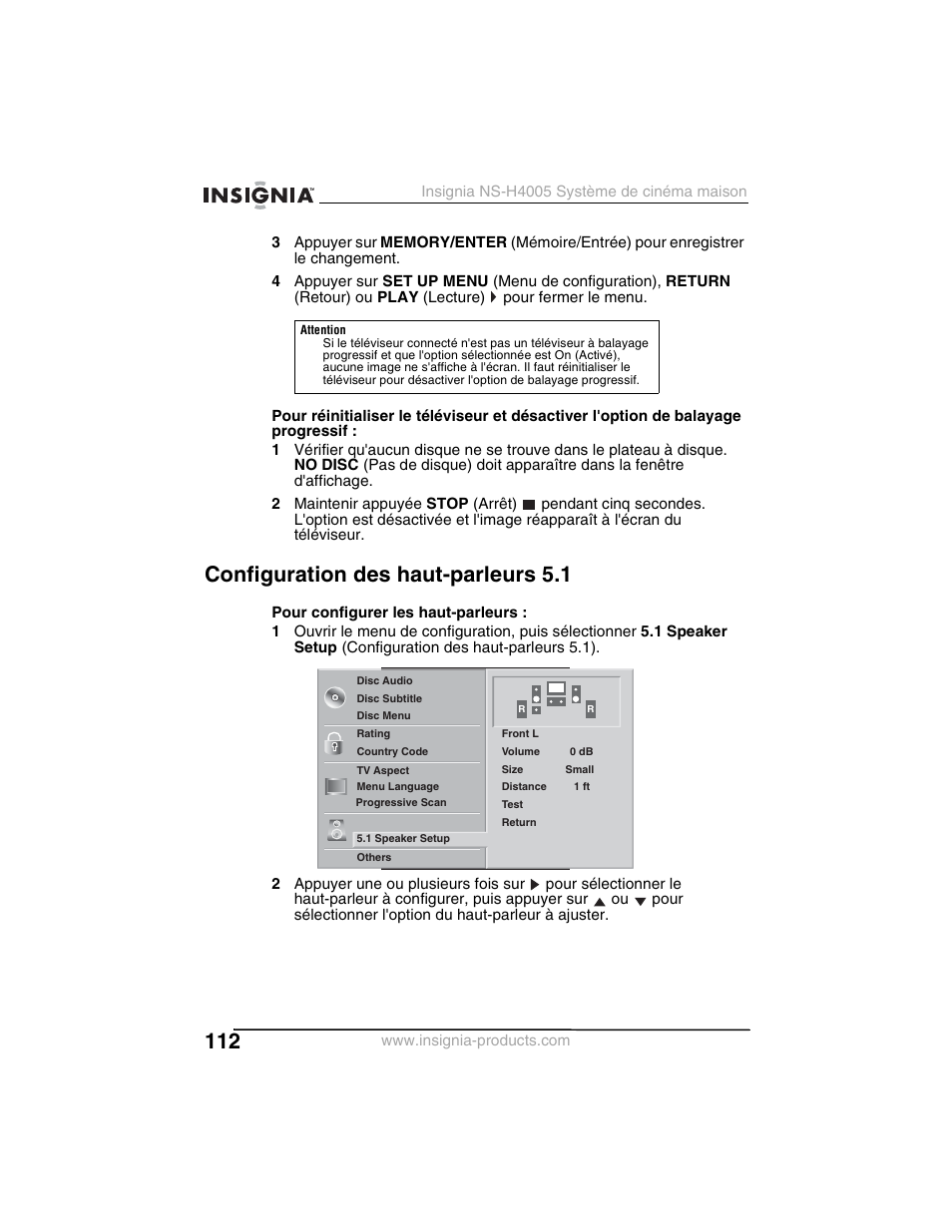 Configuration des haut-parleurs 5.1 | Insignia NS-H4005 User Manual | Page 114 / 208