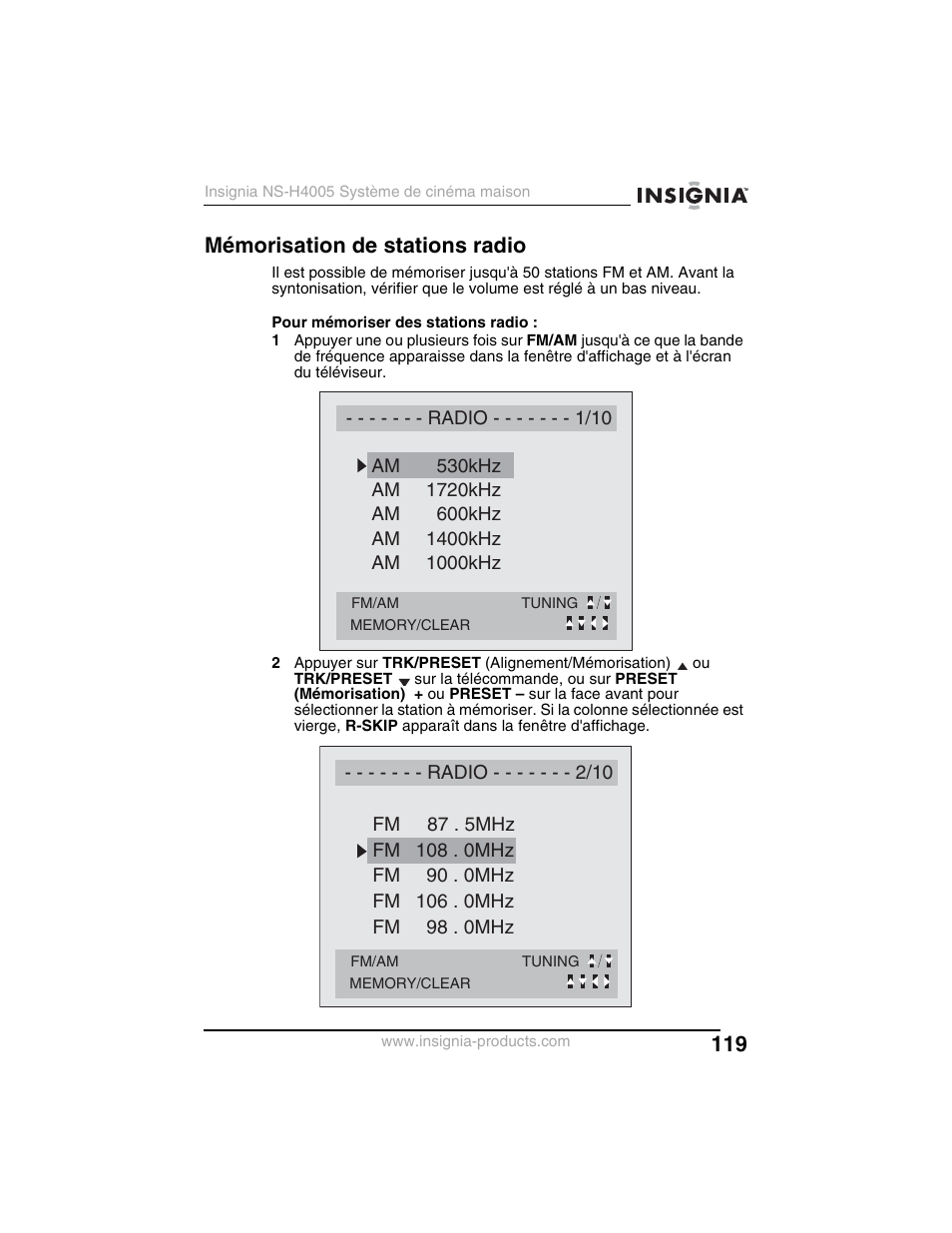 Mémorisation de stations radio | Insignia NS-H4005 User Manual | Page 121 / 208