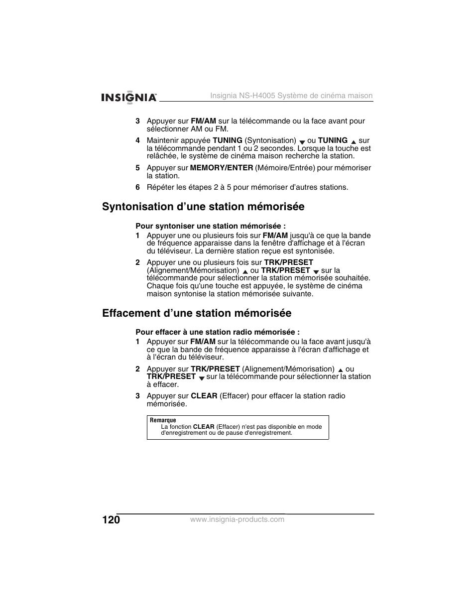 Syntonisation d’une station mémorisée, Effacement d’une station mémorisée | Insignia NS-H4005 User Manual | Page 122 / 208