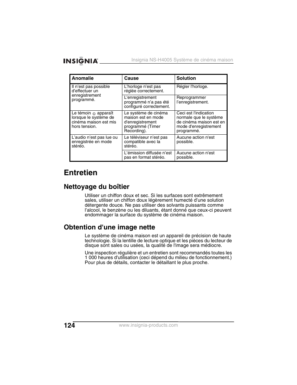 Entretien, Nettoyage du boîtier, Obtention d'une image nette | Insignia NS-H4005 User Manual | Page 126 / 208