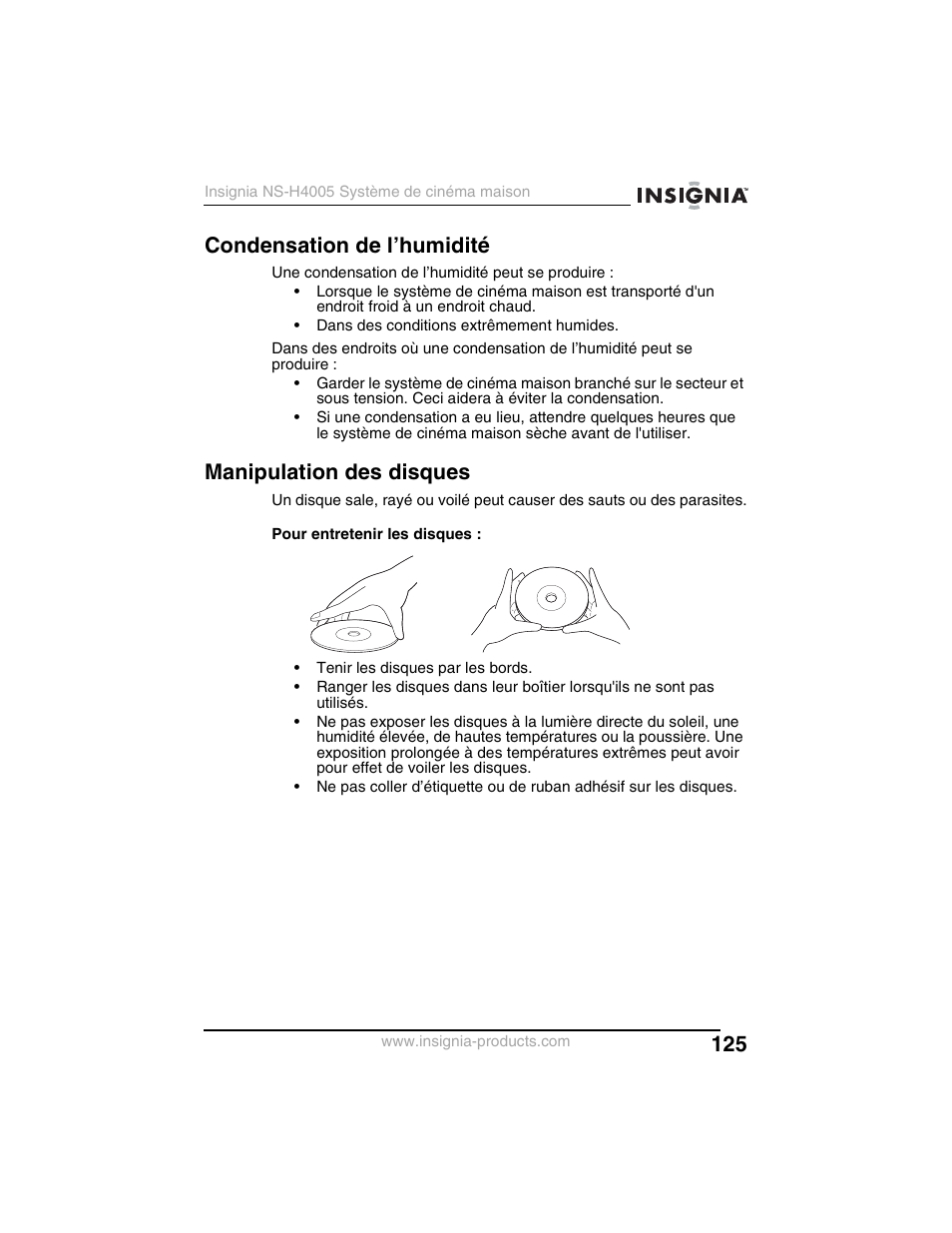 Condensation de l’humidité, Manipulation des disques | Insignia NS-H4005 User Manual | Page 127 / 208