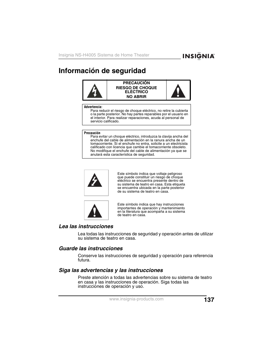 Información de seguridad, Lea las instrucciones, Guarde las instrucciones | Siga las advertencias y las instrucciones | Insignia NS-H4005 User Manual | Page 139 / 208