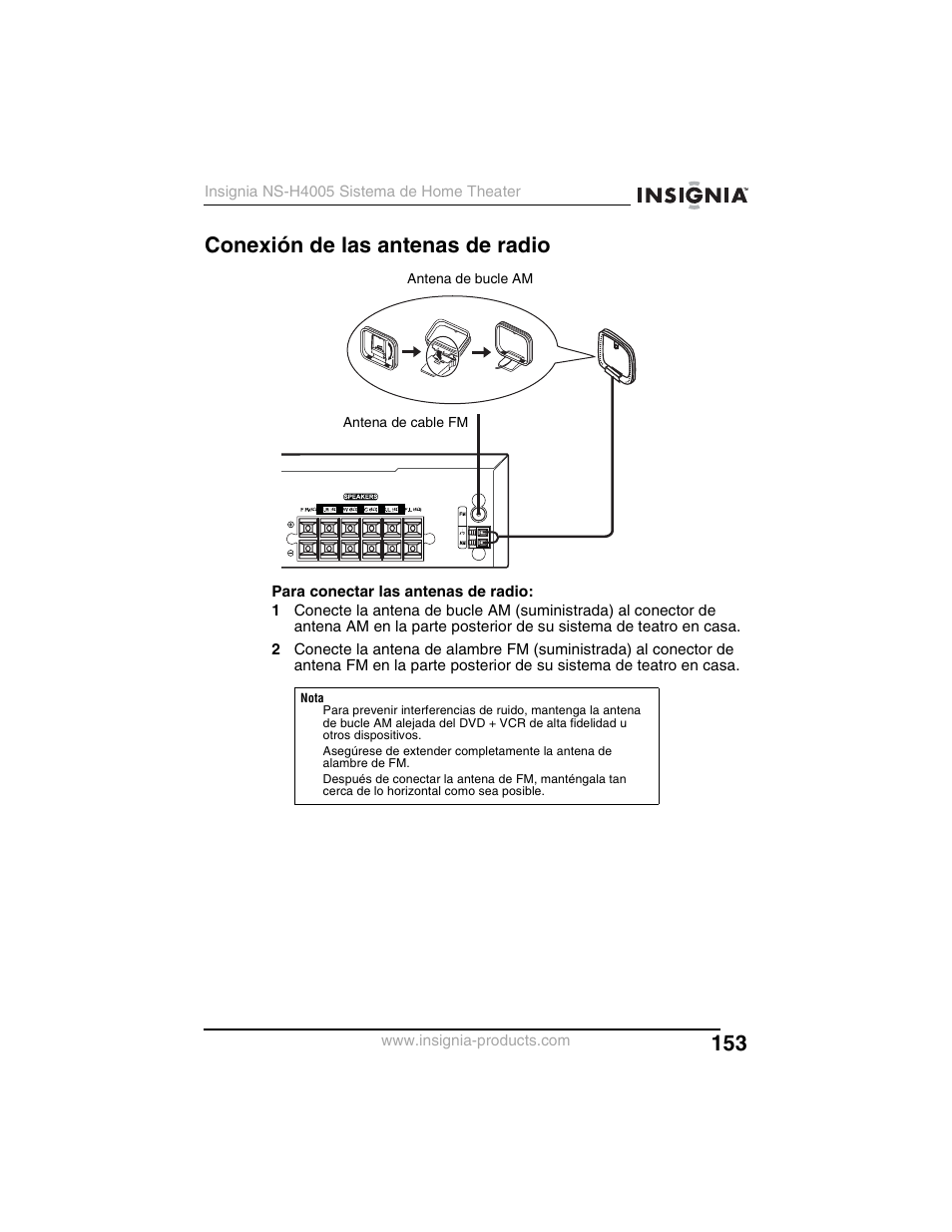 Conexión de las antenas de radio | Insignia NS-H4005 User Manual | Page 155 / 208