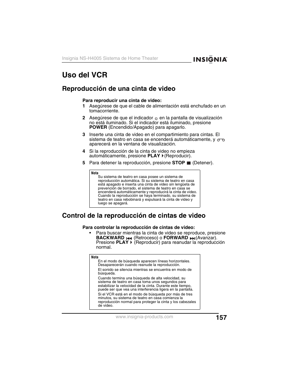 Uso del vcr, Reproducción de una cinta de video, Control de la reproducción de cintas de video | Insignia NS-H4005 User Manual | Page 159 / 208
