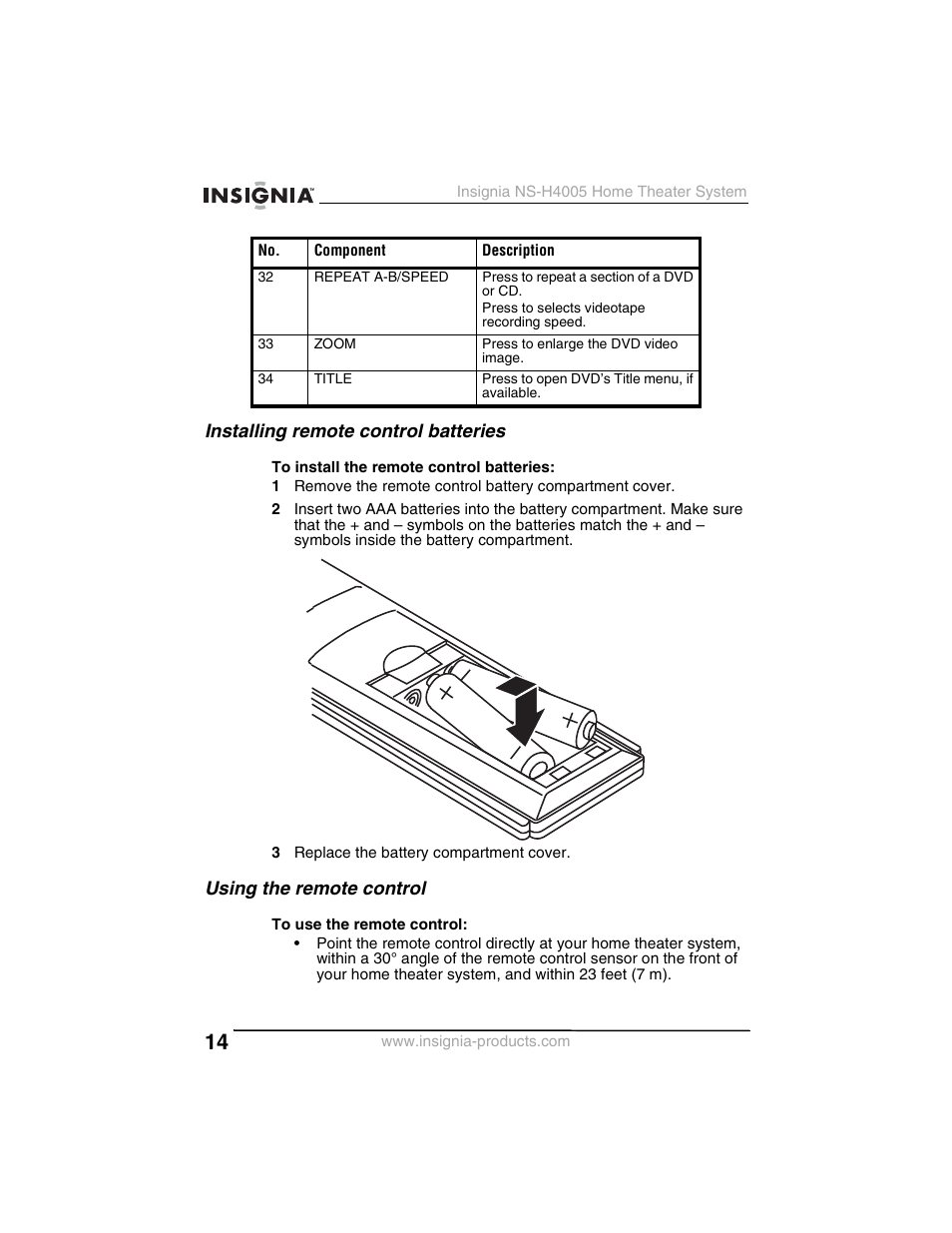 Installing remote control batteries, Using the remote control | Insignia NS-H4005 User Manual | Page 16 / 208
