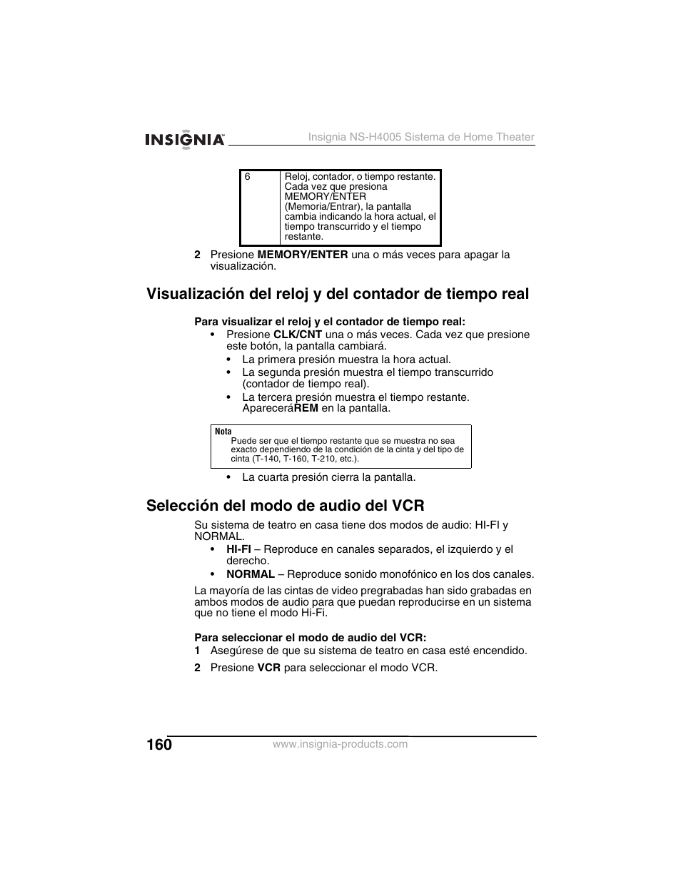 Selección del modo de audio del vcr | Insignia NS-H4005 User Manual | Page 162 / 208