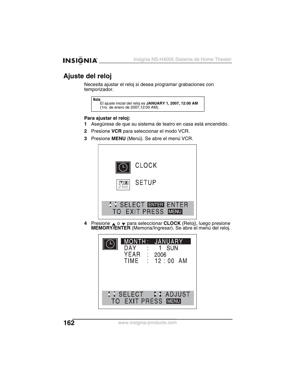 Ajuste del reloj | Insignia NS-H4005 User Manual | Page 164 / 208