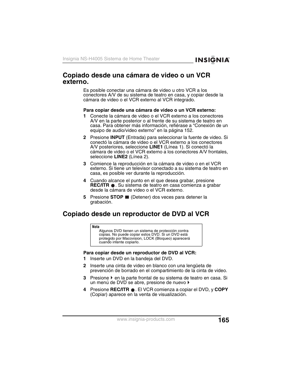 Copiado desde una cámara de video o un vcr externo, Copiado desde un reproductor de dvd al vcr | Insignia NS-H4005 User Manual | Page 167 / 208