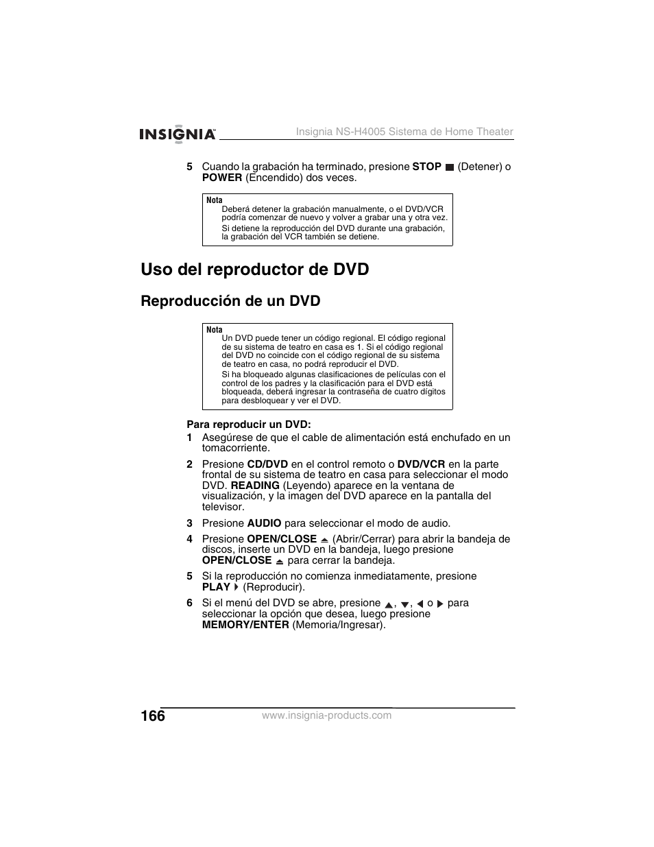 Uso del reproductor de dvd, Reproducción de un dvd | Insignia NS-H4005 User Manual | Page 168 / 208