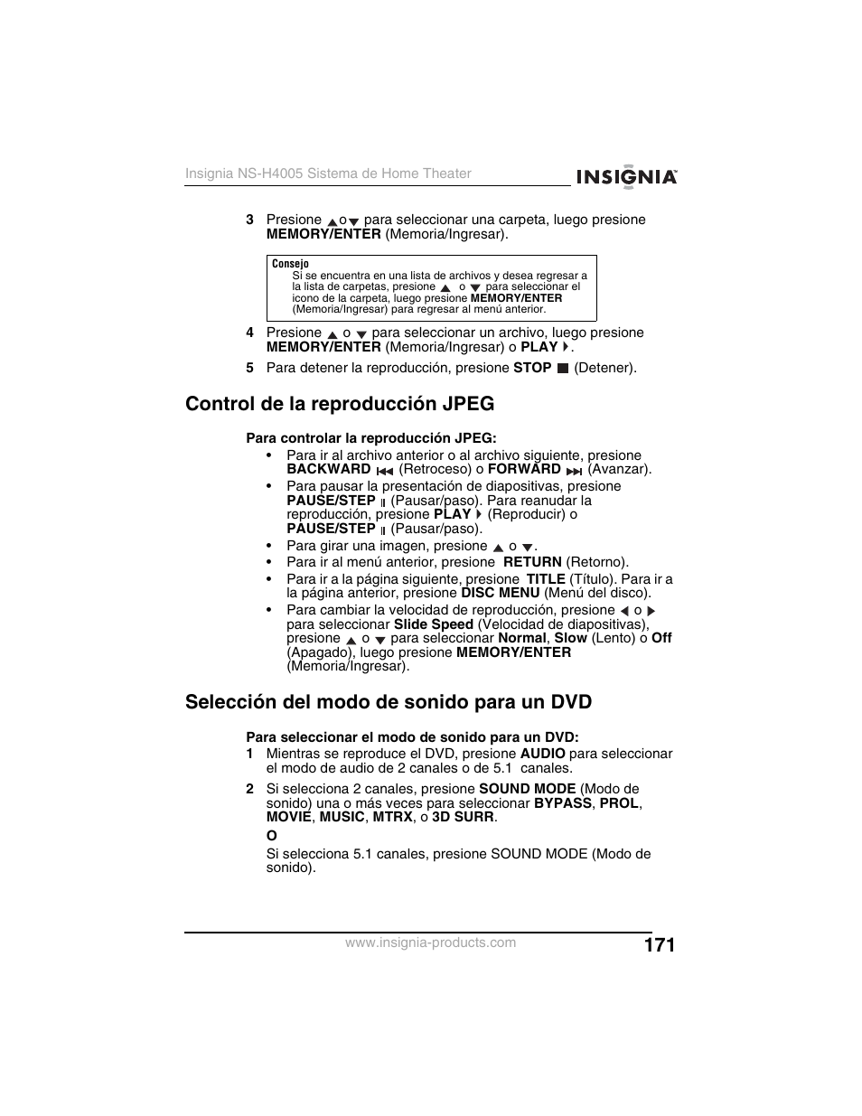 Control de la reproducción jpeg, Selección del modo de sonido para un dvd | Insignia NS-H4005 User Manual | Page 173 / 208
