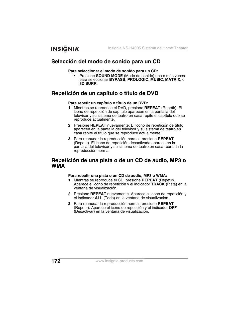 Selección del modo de sonido para un cd, Repetición de un capítulo o título de dvd | Insignia NS-H4005 User Manual | Page 174 / 208