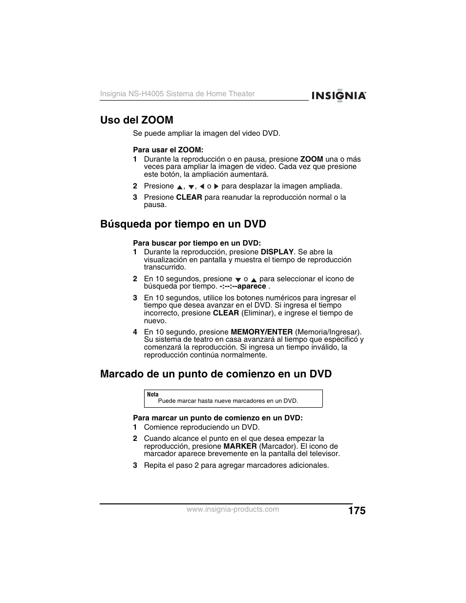 Uso del zoom, Búsqueda por tiempo en un dvd, Marcado de un punto de comienzo en un dvd | Insignia NS-H4005 User Manual | Page 177 / 208